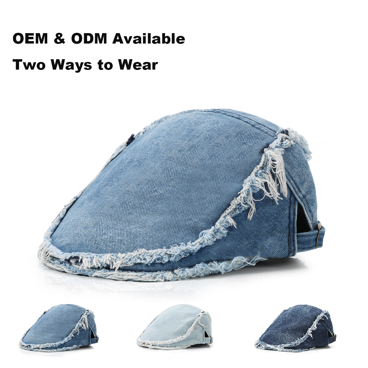 Washed Frayed Edge Denim Flat Cap    --B018