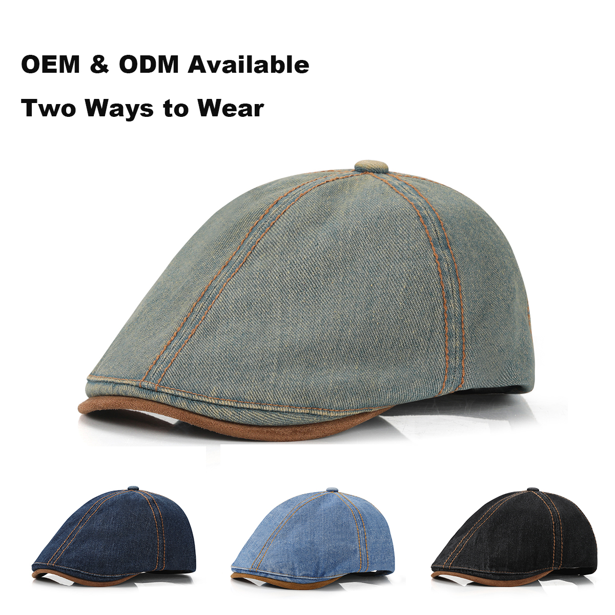 Washed Vintage Denim Flat Cap with Suede Patch Brim   --B055