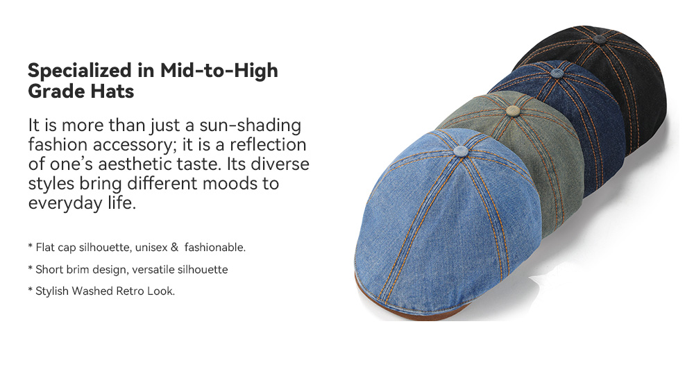 Washed Vintage Denim Flat Cap with Suede Patch Brim   --B055
