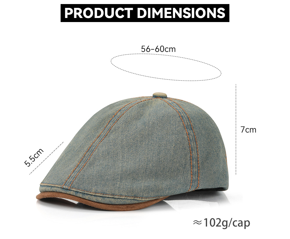 Washed Vintage Denim Flat Cap with Suede Patch Brim   --B055