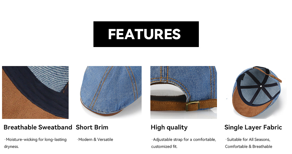 Washed Vintage Denim Flat Cap with Suede Patch Brim   --B055