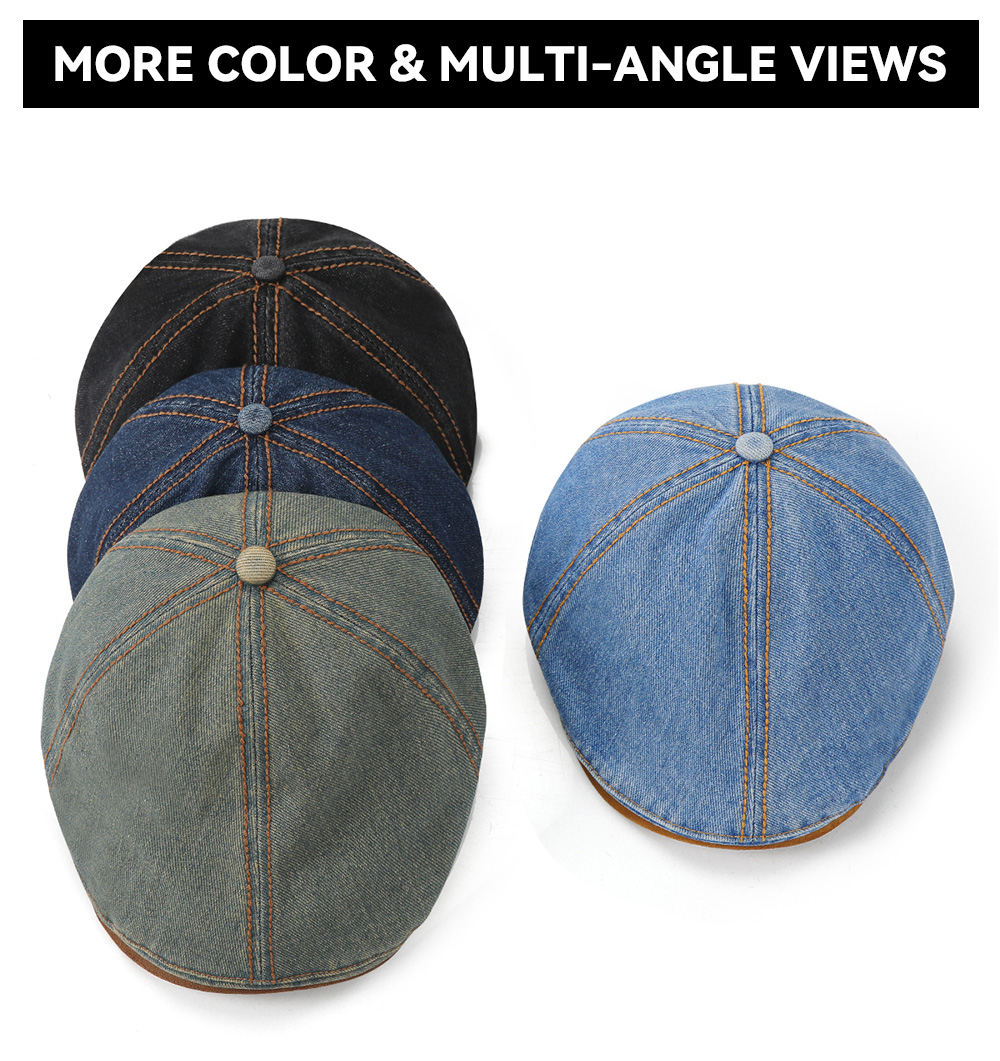 Washed Vintage Denim Flat Cap with Suede Patch Brim   --B055
