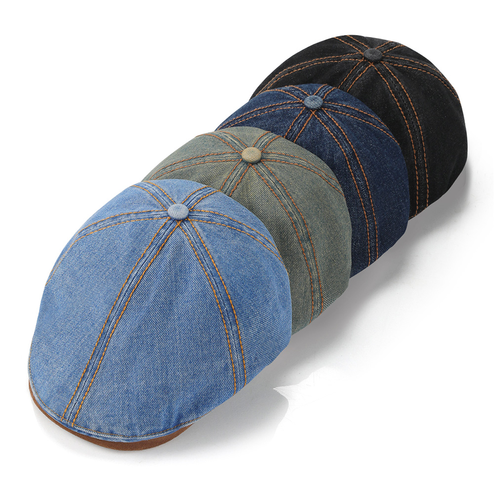 Washed Vintage Denim Flat Cap with Suede Patch Brim   --B055