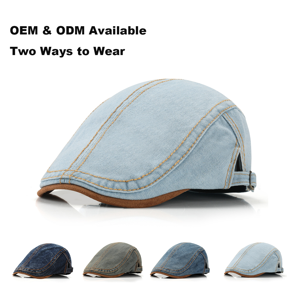  Washed Vintage Denim Flat Cap with Suede Patch Brim --B050