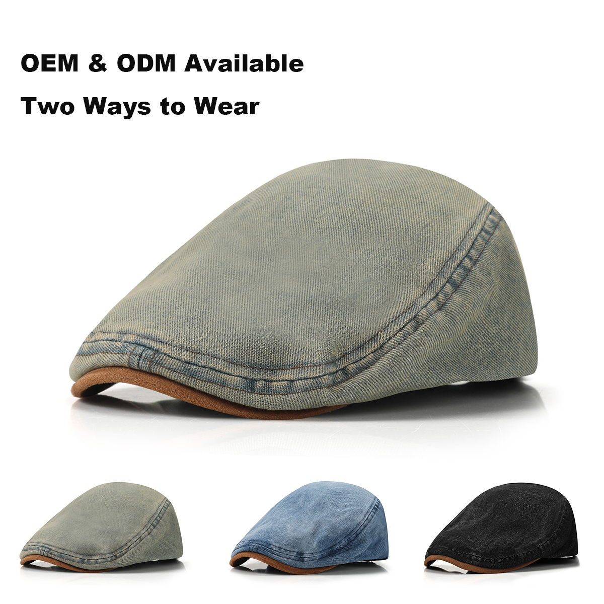 Washed Vintage Denim Flat Cap with Suede Patch Brim --B070