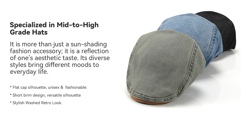 Washed Vintage Denim Flat Cap with Suede Patch Brim --B070