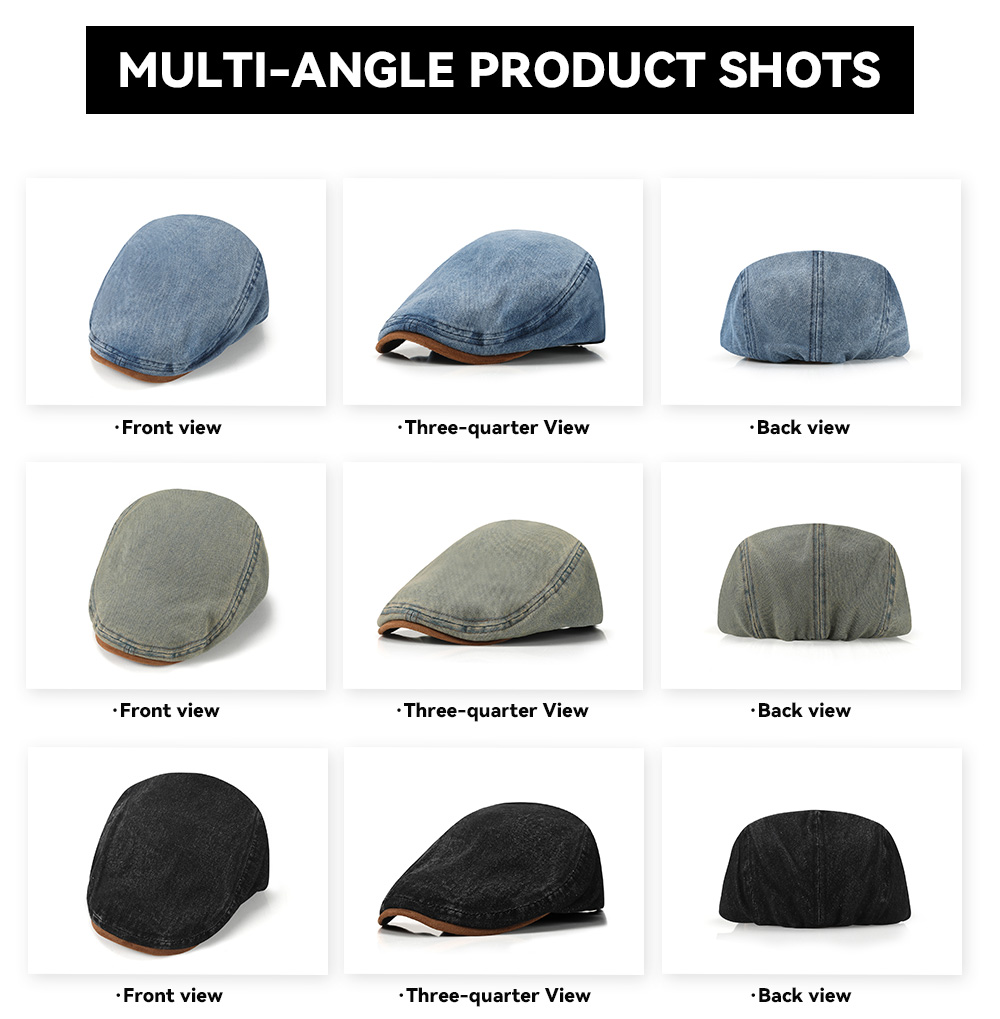 Washed Vintage Denim Flat Cap with Suede Patch Brim --B070