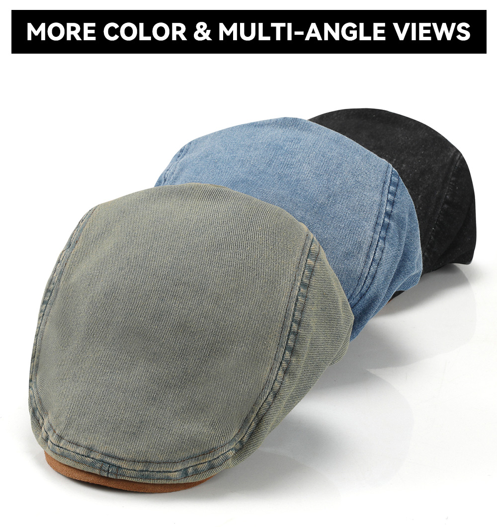Washed Vintage Denim Flat Cap with Suede Patch Brim --B070