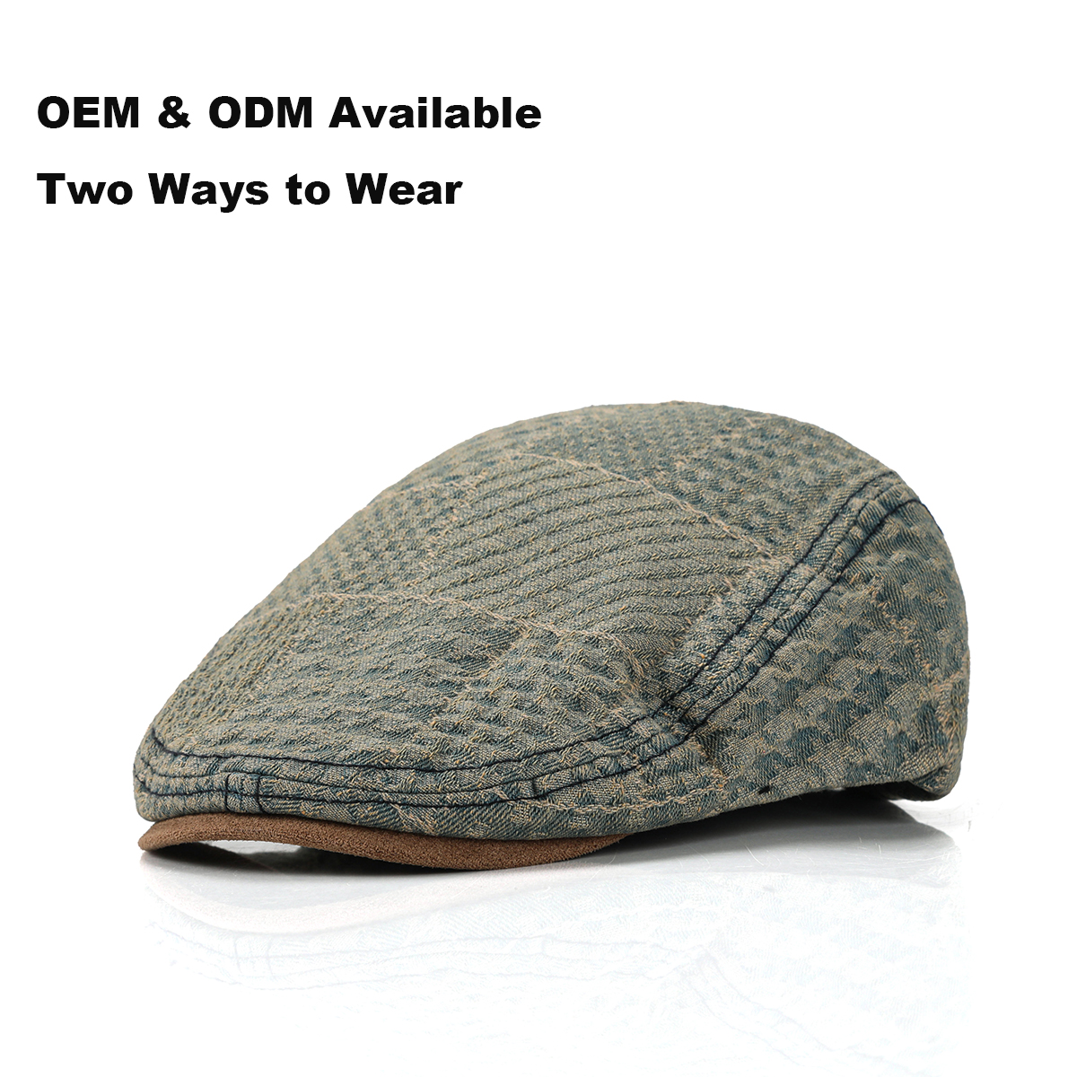  Washed Vintage Denim Flat Cap with Suede Patch Brim --B106
