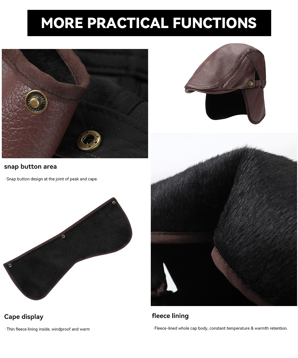 Faux Leather Flat Cap with Cape & Fleece Lining  --B016