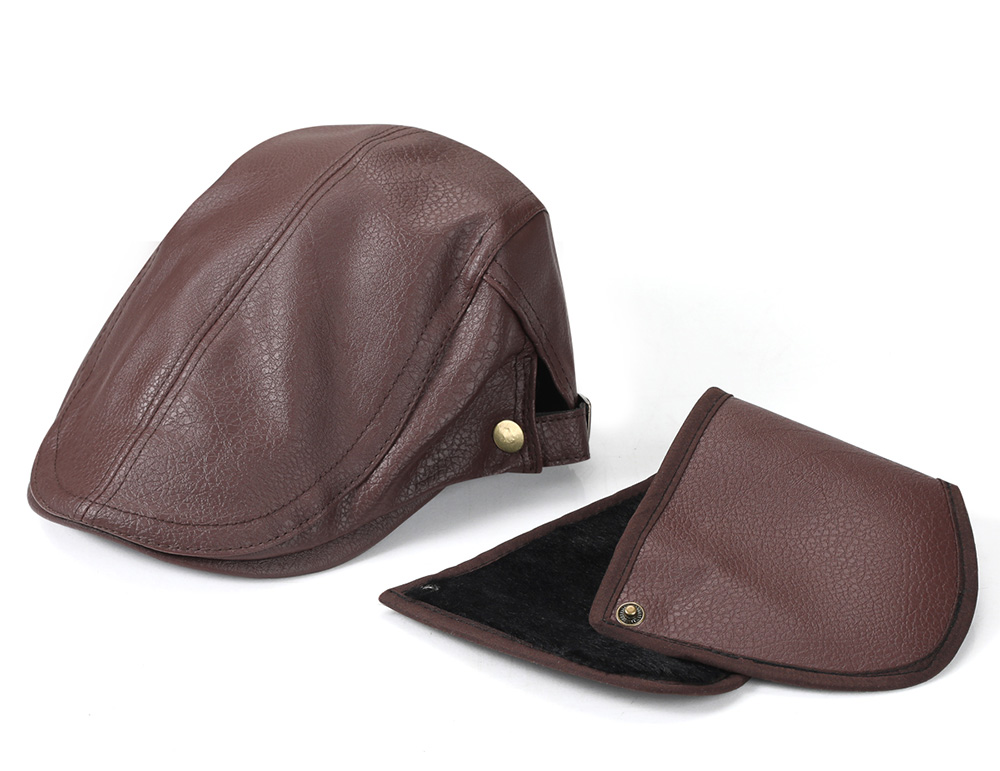 Faux Leather Flat Cap with Cape & Fleece Lining  --B016
