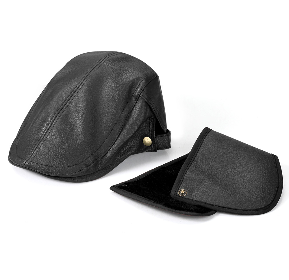 Faux Leather Flat Cap with Cape & Fleece Lining  --B016