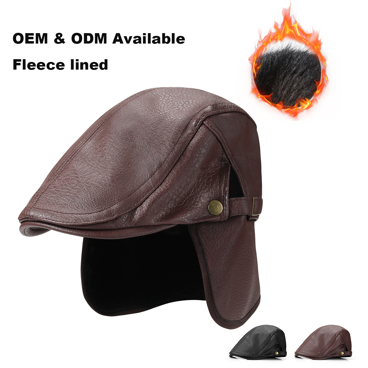 Faux Leather Flat Cap with Cape & Fleece Lining  --B016