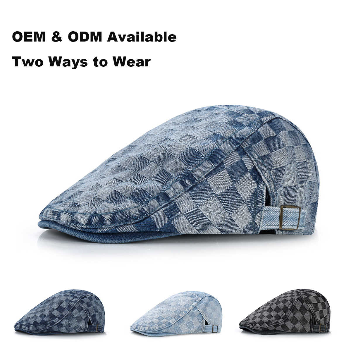 Washed Denim Checkerboard Flat Cap  --B201