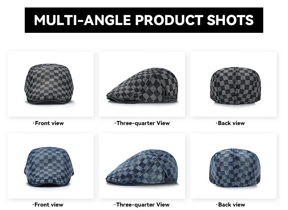 Washed Denim Checkerboard Flat Cap  --B201