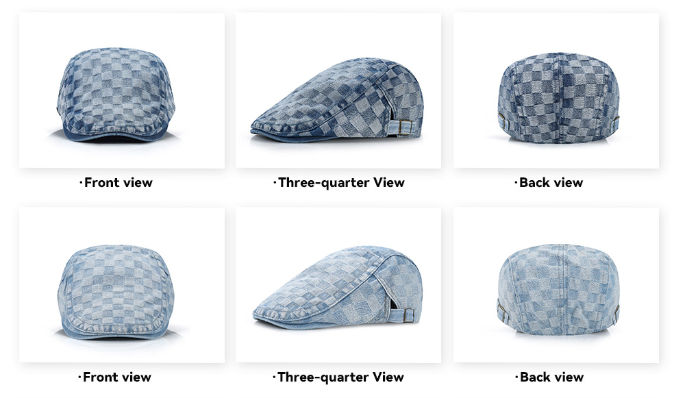 Washed Denim Checkerboard Flat Cap  --B201