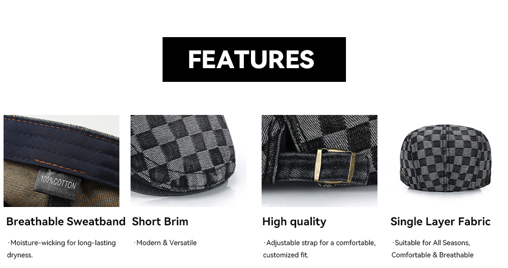 Washed Denim Checkerboard Flat Cap  --B201