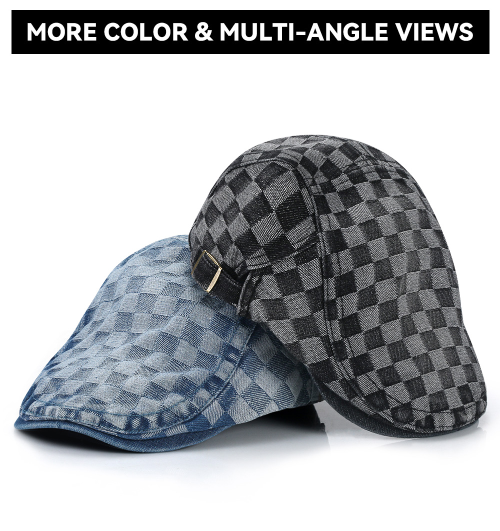 Washed Denim Checkerboard Flat Cap  --B201