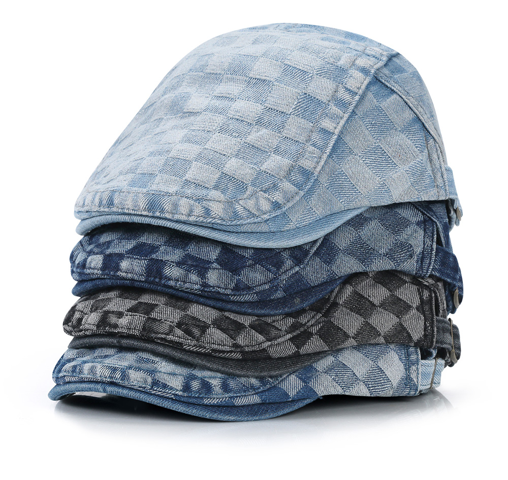 Washed Denim Checkerboard Flat Cap  --B201