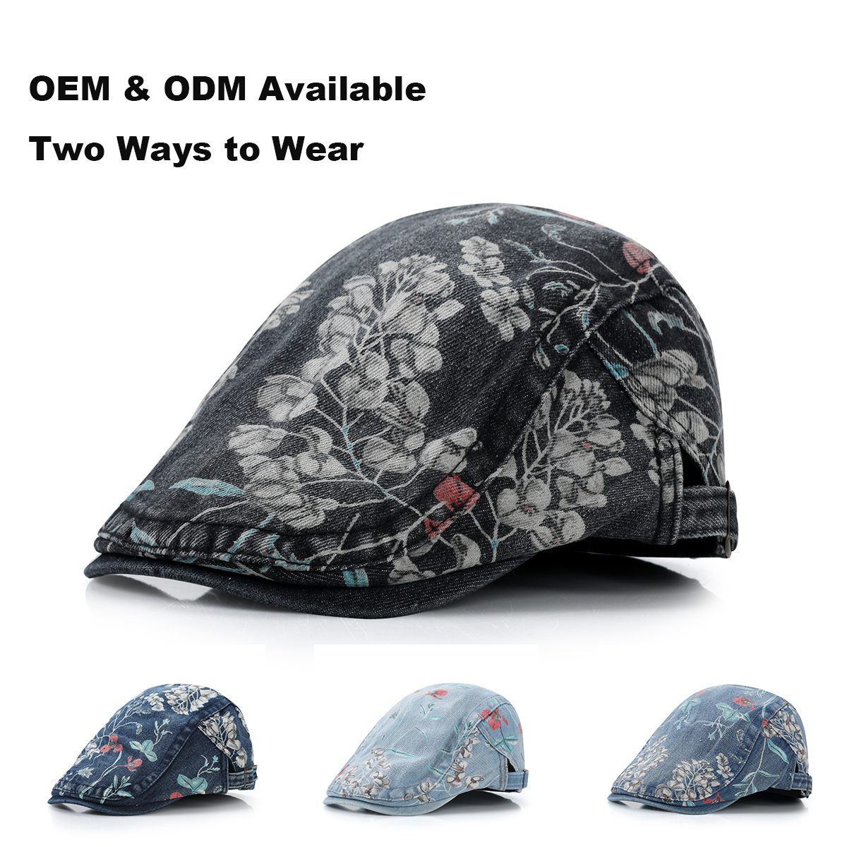 Washed Distressed Floral Flat Cap   --B203