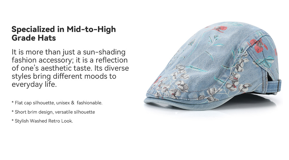 Washed Distressed Floral Flat Cap   --B203