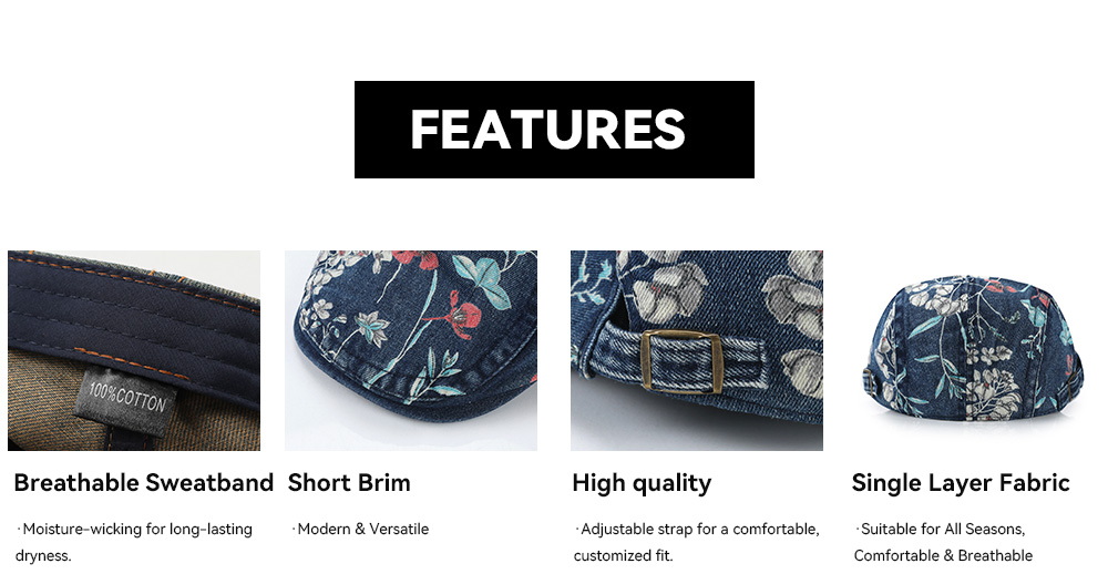 Washed Distressed Floral Flat Cap   --B203