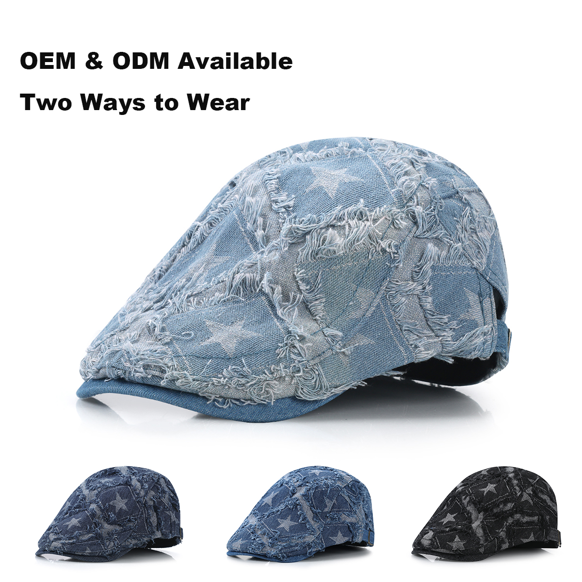 Washed Distressed Star Denim Flat Cap   --B204