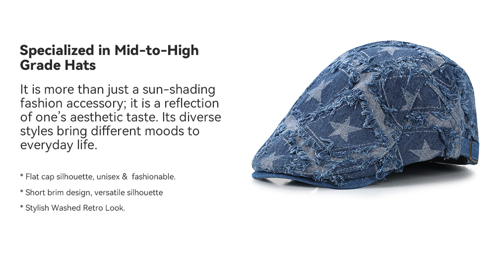 Washed Distressed Star Denim Flat Cap   --B204
