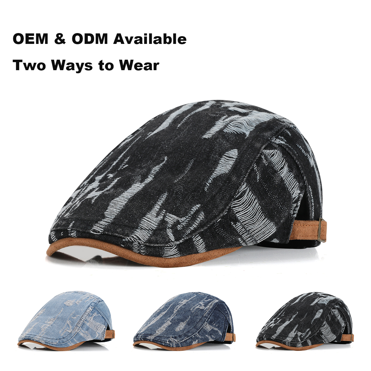 Washed Ripped Denim & Suede Patchwork Flat Cap   --B212