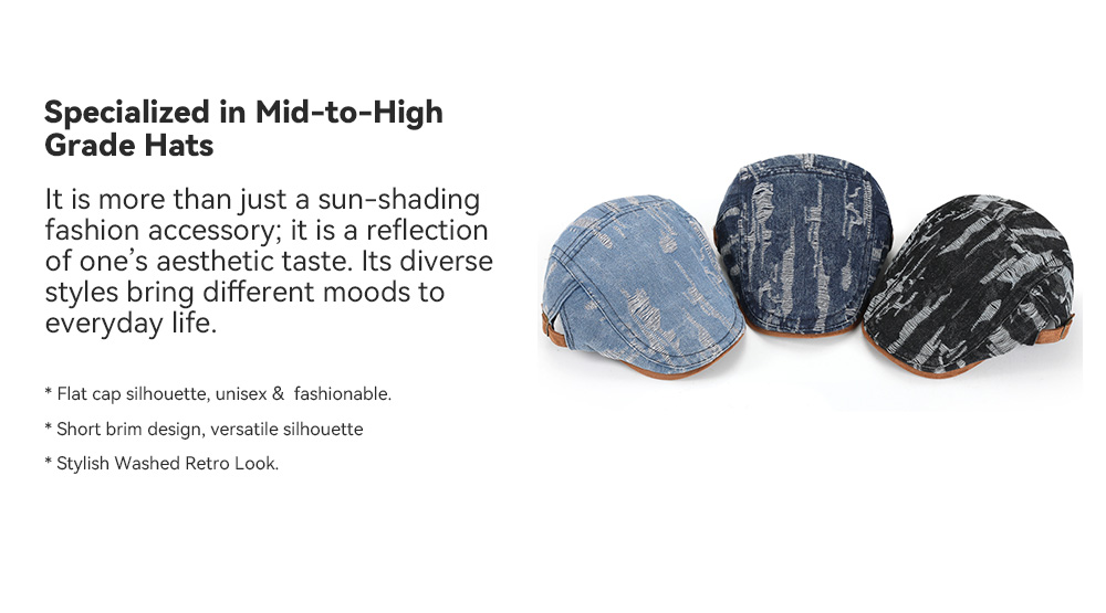 Washed Ripped Denim & Suede Patchwork Flat Cap   --B212