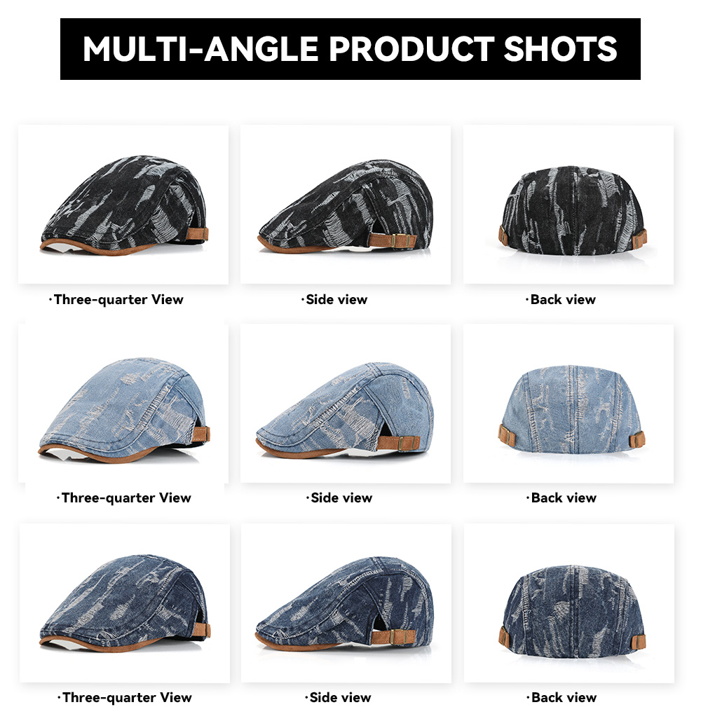 Washed Ripped Denim & Suede Patchwork Flat Cap   --B212