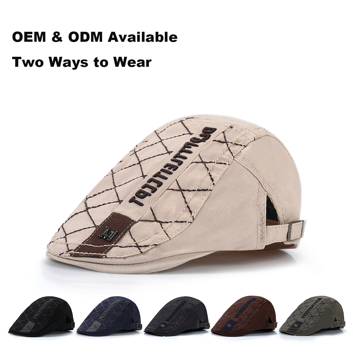 Cotton Plaid Newsboy Cap with Letter Embroidery & Metal Logo Badge 
