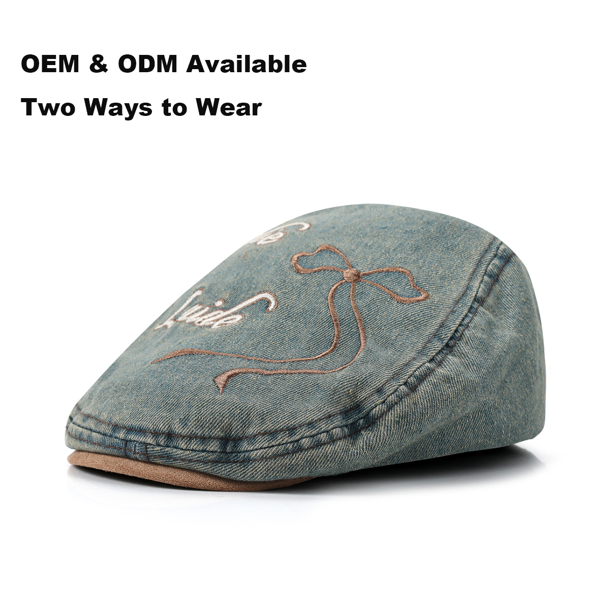 Washed Distressed Flat Cap with Bow Embroidery & Suede Patch 