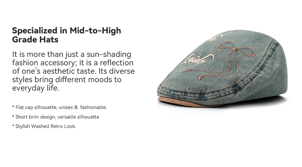 Washed Distressed Flat Cap with Bow Embroidery & Suede Patch 