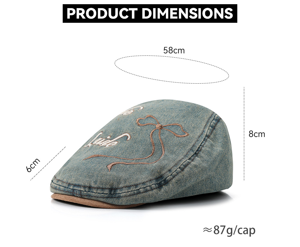 Washed Distressed Flat Cap with Bow Embroidery & Suede Patch 