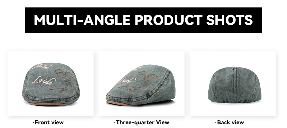 Washed Distressed Flat Cap with Bow Embroidery & Suede Patch 