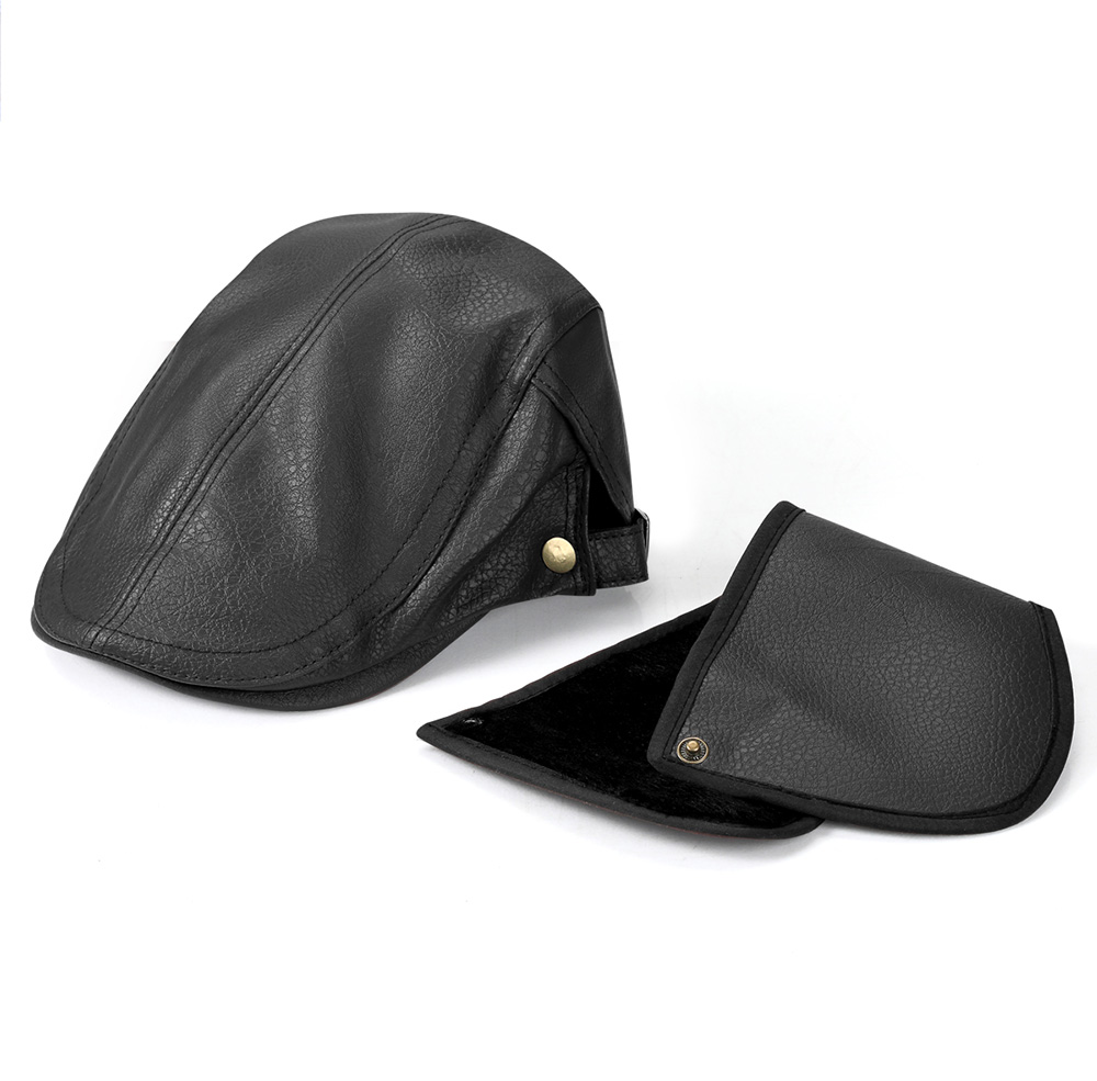 Faux Leather Fleece Lined Flat Cap   --B006